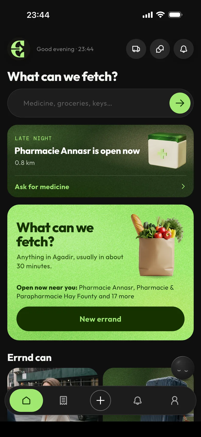 The Errnd app home screen
